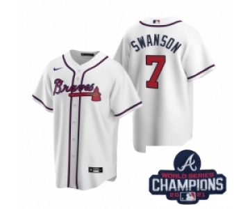 Men Nike Atlanta Braves 7 Dansby Swanson White Home Stitched Baseball Stitched MLB 2021 Champions Patch Jersey