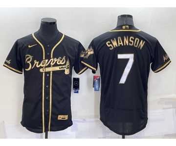 Men's Atlanta Braves #7 Dansby Swanson Black Gold Stitched MLB Flex Base Nike Jersey