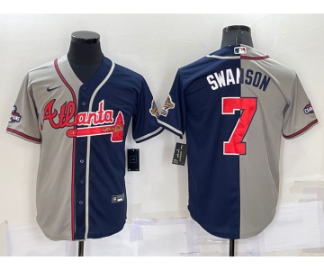 Men's Atlanta Braves #7 Dansby Swanson Grey Navy Blue Two Tone Stitched Nike Jersey