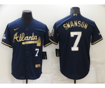 Men's Atlanta Braves #7 Dansby Swanson Navy Blue 2021 World Series Champions Golden Edition Stitched Cool Base Nike Jersey