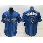 Men's Atlanta Braves #7 Dansby Swanson Navy Blue Pinstripe Stitched MLB Cool Base Nike Jersey