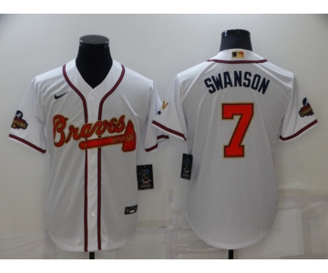 Men's Atlanta Braves#7 Dansby Swanson 2022 White Gold World Series Champions Program Cool Base Stitched Baseball Jersey