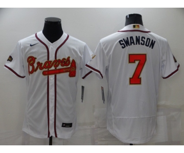 Men's Atlanta Braves#7 Dansby Swanson 2022 White Gold World Series Champions Program Flex Base Stitched Baseball Jersey