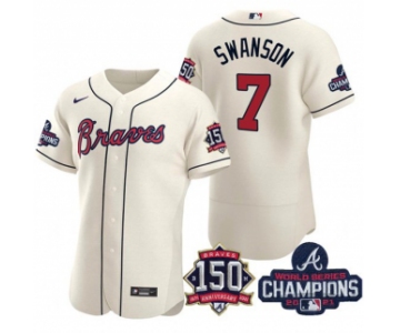 Men's Cream Atlanta Braves #7 Dansby Swanson 2021 World Series Champions With 150th Anniversary Flex Base Stitched Jersey