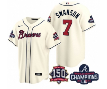 Men's Cream Atlanta Braves #7 Dansby Swanson 2021 World Series Champions With 150th Anniversary Patch Cool Base Stitched Jersey