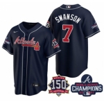 Men's Navy Atlanta Braves #7 Dansby Swanson 2021 World Series Champions With 150th Anniversary Patch Cool Base Stitched Jersey