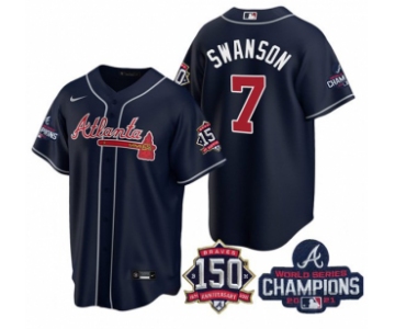 Men's Navy Atlanta Braves #7 Dansby Swanson 2021 World Series Champions With 150th Anniversary Patch Cool Base Stitched Jersey