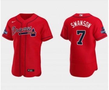 Men's Red Atlanta Braves #7 Dansby Swanson 2021 World Series Champions Flex Base Stitched Jersey