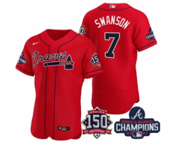 Men's Red Atlanta Braves #7 Dansby Swanson 2021 World Series Champions With 150th Anniversary Flex Base Stitched Jersey