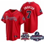 Men's Red Atlanta Braves #7 Dansby Swanson 2021 World Series Champions With 150th Anniversary Patch Cool Base Stitched Jersey