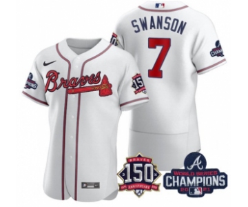 Men's White Atlanta Braves #7 Dansby Swanson 2021 World Series Champions With 150th Anniversary Flex Base Stitched Jersey