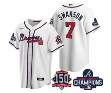 Men's White Atlanta Braves #7 Dansby Swanson 2021 World Series Champions With 150th Anniversary Patch Cool Base Stitched Jersey