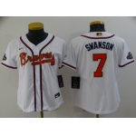 Women's Atlanta Braves #7 Dansby Swanson 2022 White Gold World Series Champions Program Cool Base Stitched Baseball Jersey