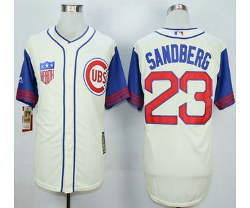 Men's Chicago Cubs #23 Ryne Sandberg Cream With Blue 1942 Turn Back The Clock Jersey