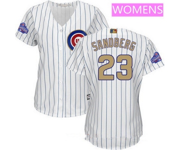 Women's Chicago Cubs #23 Ryne Sandberg White World Series Champions Gold Stitched MLB Majestic 2017 Cool Base Jersey