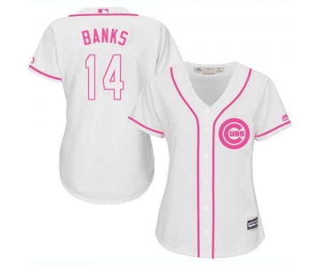 Cubs #14 Ernie Banks White Pink Fashion Women's Stitched Baseball Jersey