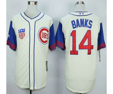 Men's Chicago Cubs #14 Ernie Banks Cream With Blue 1942 Turn Back The Clock Jersey