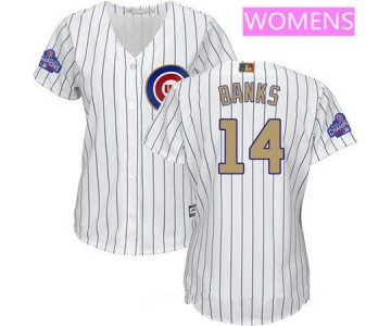 Women's Chicago Cubs #14 Ernie Banks White World Series Champions Gold Stitched MLB Majestic 2017 Cool Base Jersey