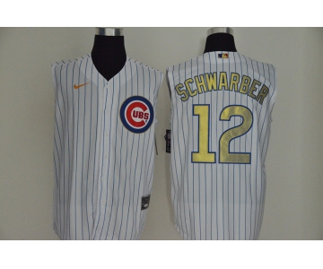 Men's Chicago Cubs #12 Kyle Schwarber White Gold 2020 Cool and Refreshing Sleeveless Fan Stitched MLB Nike Jersey