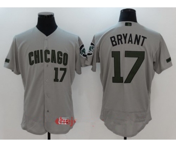 Men's Chicago Cubs #17 Kris Bryant Gray With Green Memorial Day Stitched MLB Majestic Flex Base Jersey