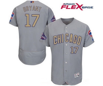 Men's Chicago Cubs #17 Kris Bryant Gray World Series Champions Gold Stitched MLB Majestic 2017 Flex Base Jersey