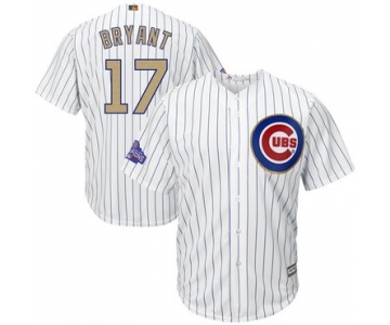 Men's Chicago Cubs #17 Kris Bryant White World Series Champions Gold Stitched MLB Majestic 2017 Cool Base Jersey