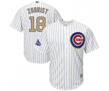 Men's Chicago Cubs #18 Ben Zobrist White World Series Champions Gold Stitched MLB Majestic 2017 Cool Base Jersey