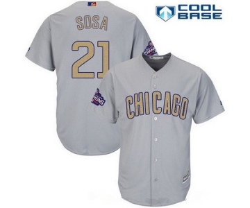 Men's Chicago Cubs #21 Sammy Sosa Gray World Series Champions Gold Stitched MLB Majestic 2017 Cool Base Jersey