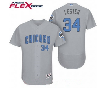 Men's Chicago Cubs #34 Jon Lester Gray with Baby Blue Father's Day Stitched MLB Majestic Flex Base Jersey