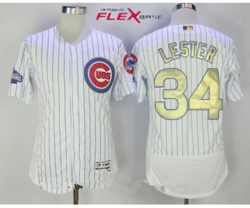 Men's Chicago Cubs #34 Jon Lester White World Series Champions Gold Stitched MLB Majestic 2017 Flex Base Jersey
