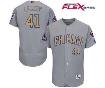 Men's Chicago Cubs #41 John Lackey Gray World Series Champions Gold Stitched MLB Majestic 2017 Flex Base Jersey
