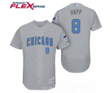 Men's Chicago Cubs #8 Ian Happ Gray with Baby Blue Father's Day Stitched MLB Majestic Flex Base Jersey