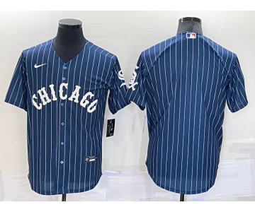 Men's Chicago Cubs Blank Navy Blue Pinstripe Stitched MLB Cool Base Nike Jersey