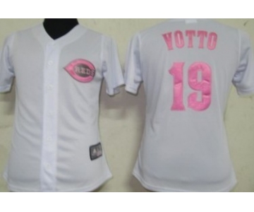 Cincinnati Reds #19 Joey Votto White With Pink Womens Jersey