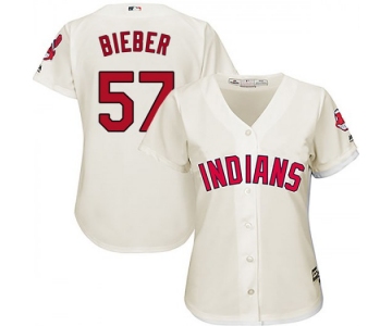 Women's Majestic #57 Shane Bieber Cleveland Indians Replica Cream Cool Base Alternate Jersey