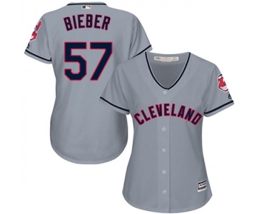 Women's Majestic #57 Shane Bieber Cleveland Indians Replica Gray Cool Base Road Jersey