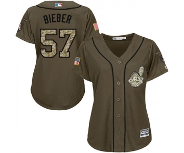 Women's Majestic #57 Shane Bieber Cleveland Indians Replica Green Salute to Service Jerse