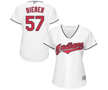 Women's Majestic #57 Shane Bieber Cleveland Indians Replica White Cool Base Home Jersey