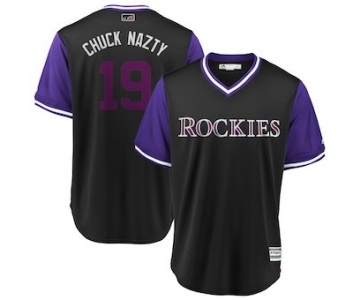 Men's Colorado Rockies 19 Charlie Blackmon Chuck Nazty Majestic Black 2018 Players' Weekend Cool Base Jersey