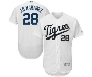 Men's Detroit Tigers 28 JD Martinez Majestic White Hispanic Heritage Flex Base Player Jersey