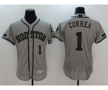 Men's Houston Astros #1 Carlos Correa Gray With Green Memorial Day Stitched MLB Majestic Flex Base Jersey