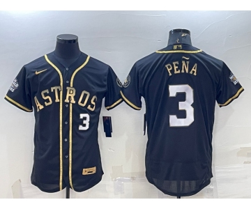 Men's Houston Astros #3 Jeremy Pena Number Black Gold 2022 World Series Stitched Flex Base Nike Jersey