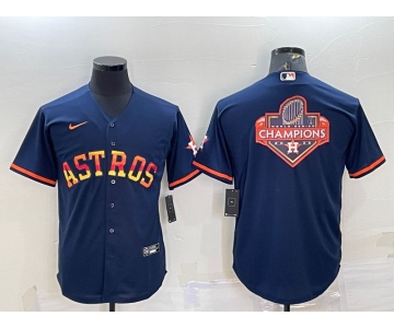 Men's Houston Astros Navy Blue Rainbow Champions Big Logo Stitched MLB Cool Base Nike Jersey