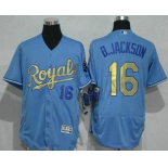 Men's Kansas City Royals #16 Bo Jackson Retired Light Blue 2015 World Series Champions Gold Program Flex Base Jersey