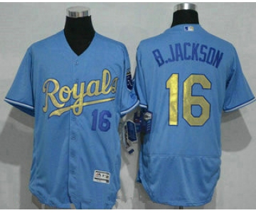 Men's Kansas City Royals #16 Bo Jackson Retired Light Blue 2015 World Series Champions Gold Program Flex Base Jersey