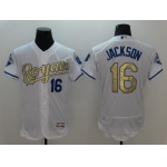 Men's Kansas City Royals #16 Bo Jackson Retired Majestic White World Series Champions Gold Program FlexBase Player Jersey