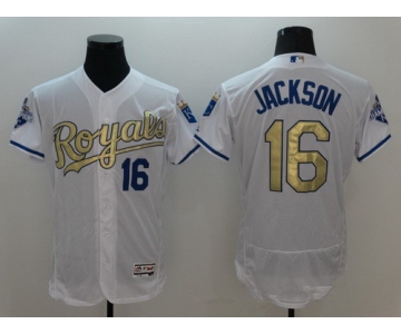 Men's Kansas City Royals #16 Bo Jackson Retired Majestic White World Series Champions Gold Program FlexBase Player Jersey