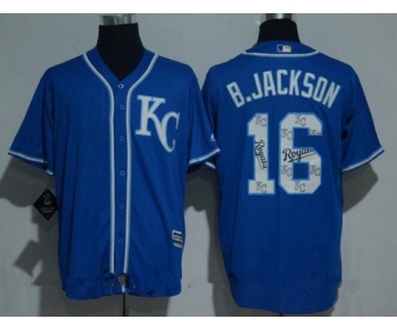 Men's Kansas City Royals #16 Bo Jackson Retired Royal Blue Team Logo Ornamented Stitched MLB Majestic Cool Base Jersey