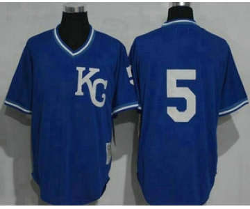 Men's Kansas City Royals #5 George Brett KC Navy Blue Pullover Throwback Jersey By Mitchell & Ness