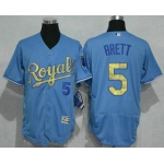 Men's Kansas City Royals #5 George Brett Retired Light Blue 2015 World Series Champions Gold Program Flex Base Jersey